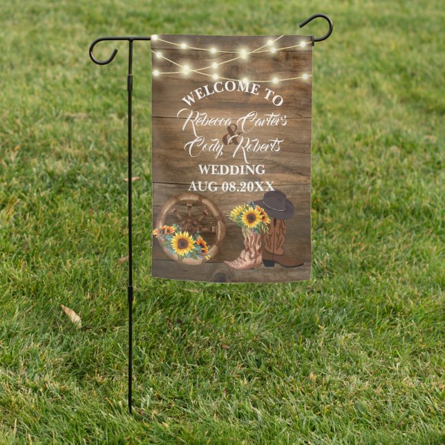 Rustic Cowboy Sunflower Western Wedding Welcome Garden Flag (In SItu)