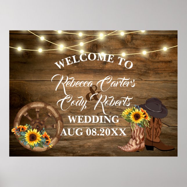 Rustic Cowboy Sunflower Western Wedding Welcome Poster (Front)