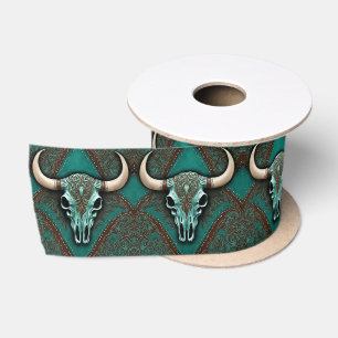Rustic Cowboy Teal Country Western Bull Skull  Satin Ribbon