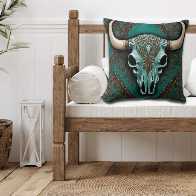 Rustic Cowboy Teal Country Western Bull Skull  Throw Pillow (Creator Uploaded)