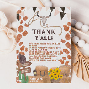 Rustic cowboy western brown cow baby shower thank you card