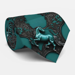 Rustic Cowboy Western Country Blue Teal Horse Neck Tie