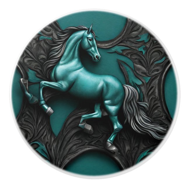 Rustic Cowboy Western Country Turquoise Horse  Ceramic Knob (Front)