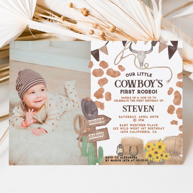 Rustic cowboy western photo first rodeo birthday invitation (Creator Uploaded)