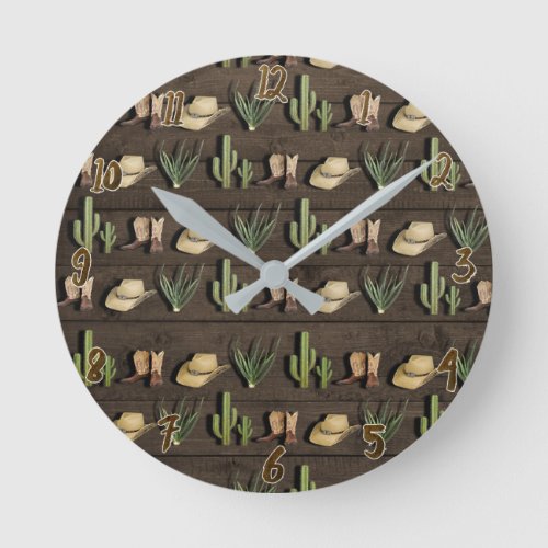 Rustic Cowboy Western Rodeo Wooden Round Clock