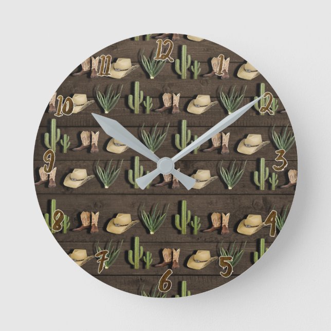Rustic Cowboy Western Rodeo Wooden Round Clock (Front)