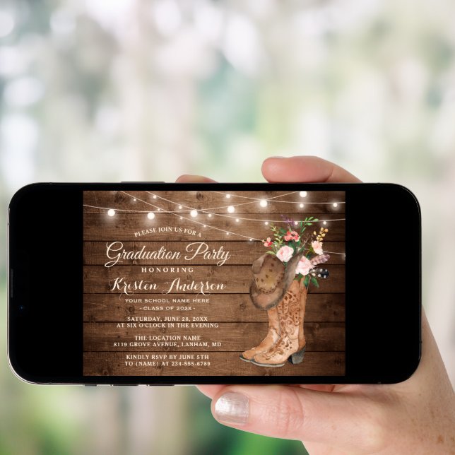 Rustic Cowgirl Boots 3 Photos Graduation Party  Invitation (Front Digital)