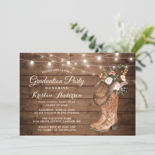 Rustic Cowgirl Boots 3 Photos Graduation Party Invitation | Zazzle