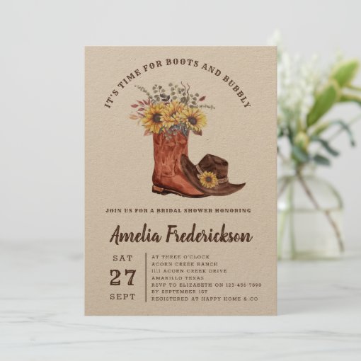 Rustic Cowgirl Boots and Bubbly Bridal Shower Invitation | Zazzle