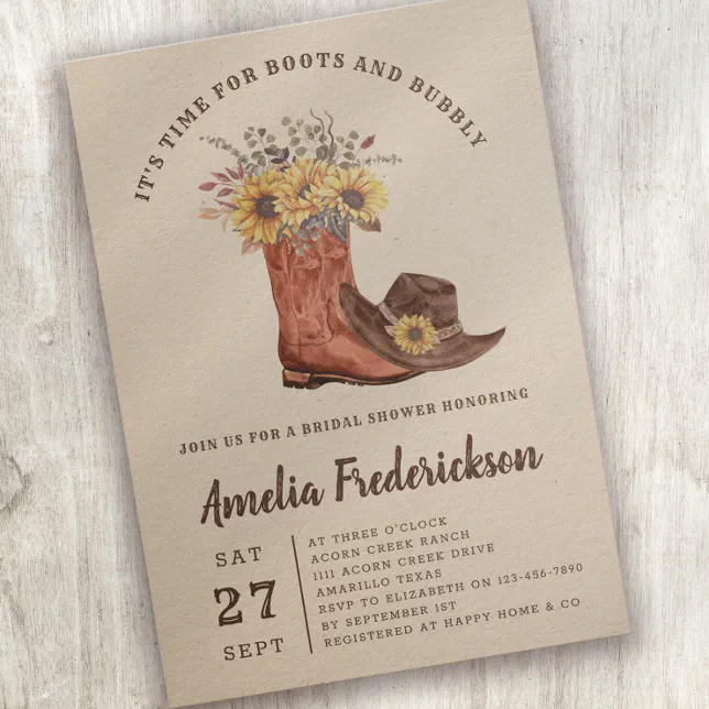 Rustic Cowgirl Boots and Bubbly Bridal Shower Invitation | Zazzle