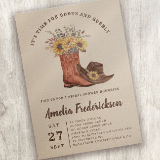 Rustic Cowgirl Boots and Bubbly Bridal Shower Invitation