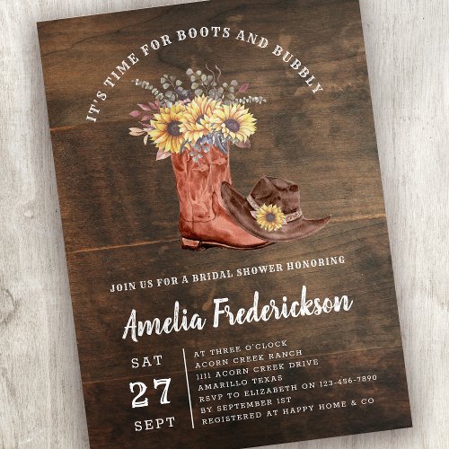 Rustic Cowgirl Boots and Bubbly Bridal Shower Invitation