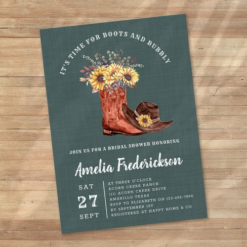 Rustic Cowgirl Boots and Bubbly Bridal Shower Invitation