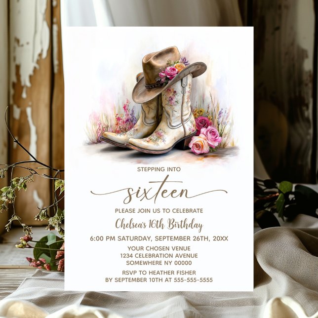 Rustic Cowgirl Boots and Hat 16th Birthday Party Invitation (Creator Uploaded)