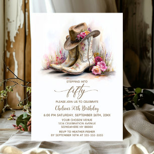 Rustic Cowgirl Boots and Hat 50th Birthday Party Invitation