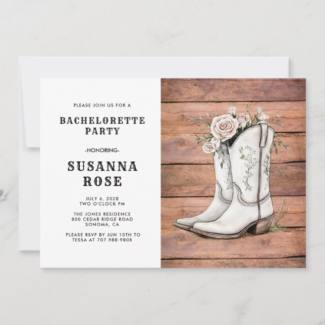 Rustic Cowgirl Boots And Roses Bachelorette Party Invitation (Front)