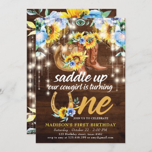 Rustic Cowgirl Boots Floral First Birthday Invitation