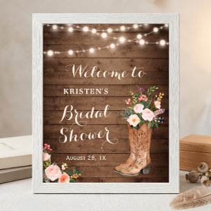 Rustic Cowgirl Boots Floral Lights Bridal Shower Poster
