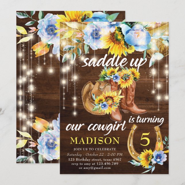 Rustic Cowgirl Boots Floral String Lights Birthday Invitation (Front/Back)