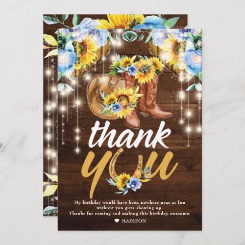 Rustic Cowgirl Boots Floral String Lights Thank You Card