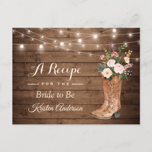Rustic Cowgirl Boots Flowers Bridal Shower Recipe Postcard - Rustic Cowgirl Boots Flowers Bridal Shower Recipe Card.
(1) For further customization, please click the "customize further" link and use our design tool to modify this template. 
(2) If you need help or matching items, please contact me.