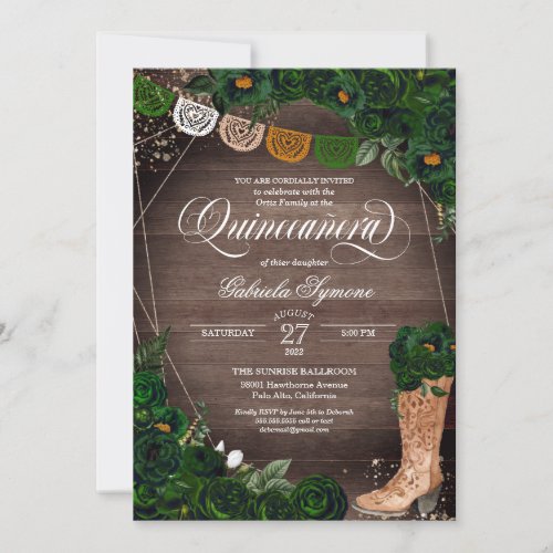 Rustic Cowgirl Boots Green Rose Charro Quinceaera Invitation