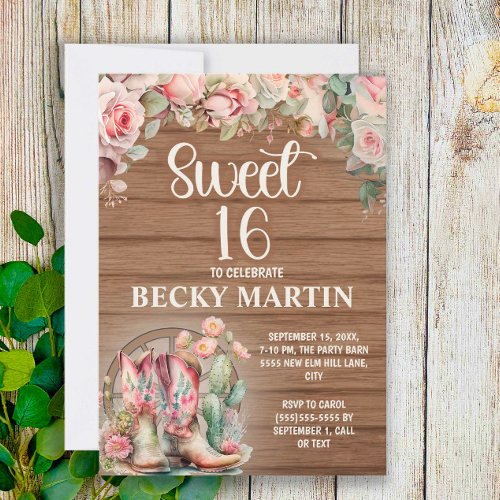 Rustic Cowgirl Boots Pink Roses Sweet 16  Invitation