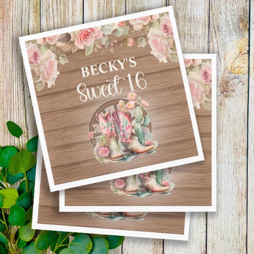 Rustic Cowgirl Boots Pink Roses Sweet 16  Napkins