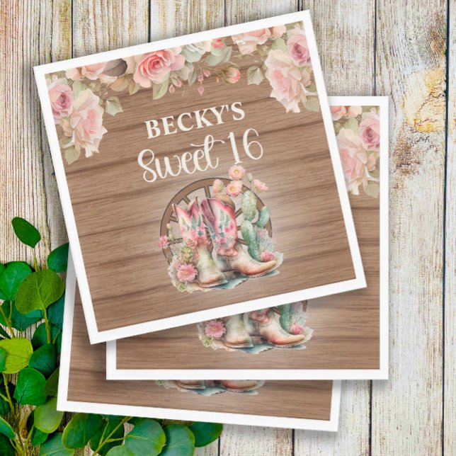 Rustic Cowgirl Boots Pink Roses Sweet 16  Napkins (Creator Uploaded)