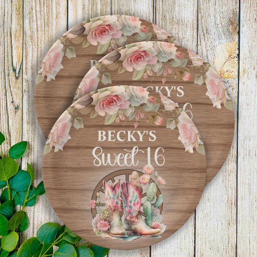 Rustic Cowgirl Boots Pink Roses Sweet 16  Paper Plates