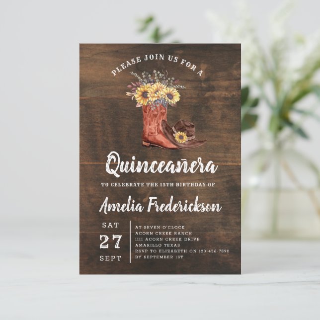 Rustic Cowgirl Boots Quinceanera Invitation (Standing Front)