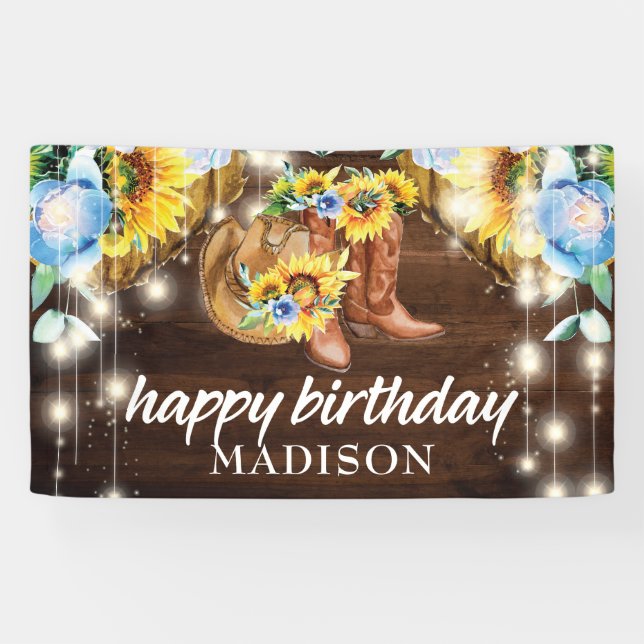 Rustic Cowgirl Boots String Lights Birthday Banner (Horizontal)