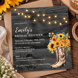 Rustic Cowgirl Boots Sunflower Bridal Shower Invitation