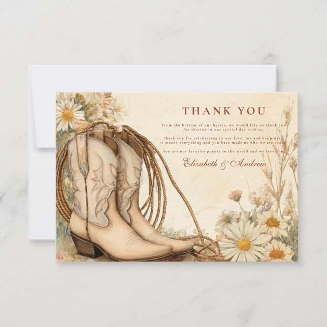 Rustic Cowgirl Boots Wildflower Wedding Thank You Card (Front)