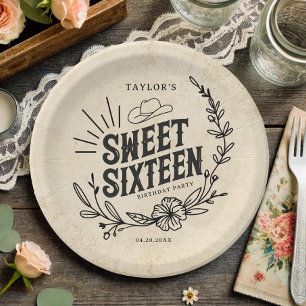 Rustic Cowgirl Floral Sweet Sixteen Birthday Party Paper Plates