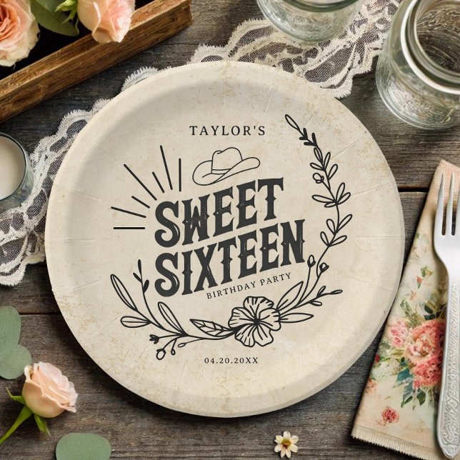 Rustic Cowgirl Floral Sweet Sixteen Birthday Party Paper Plates (Rustic Sweet Sixteen paper plate with Western design, floral accents, and cowgirl hat.)