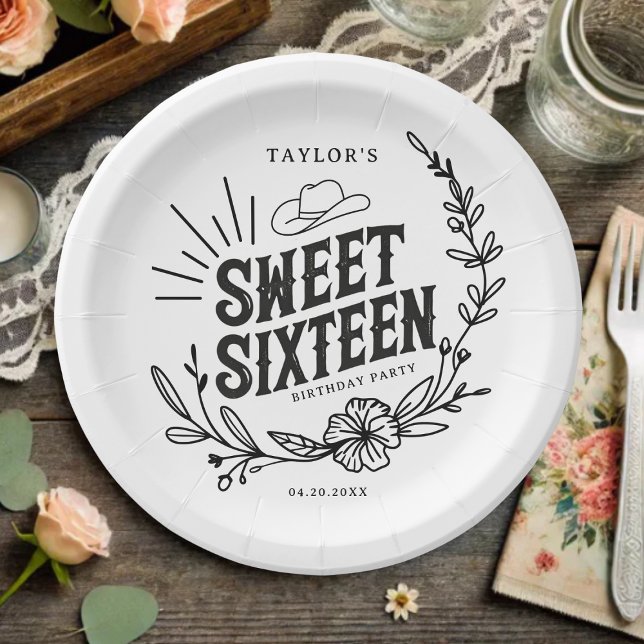 Rustic Cowgirl Floral Sweet Sixteen Birthday Party Paper Plates (Rustic cowgirl sweet sixteen paper plate with floral design and western hat accent.)