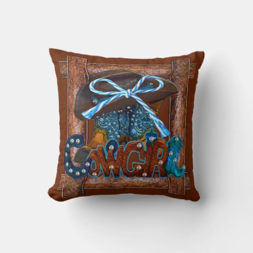 Rustic Cowgirl Hat Boots Throw Pillow