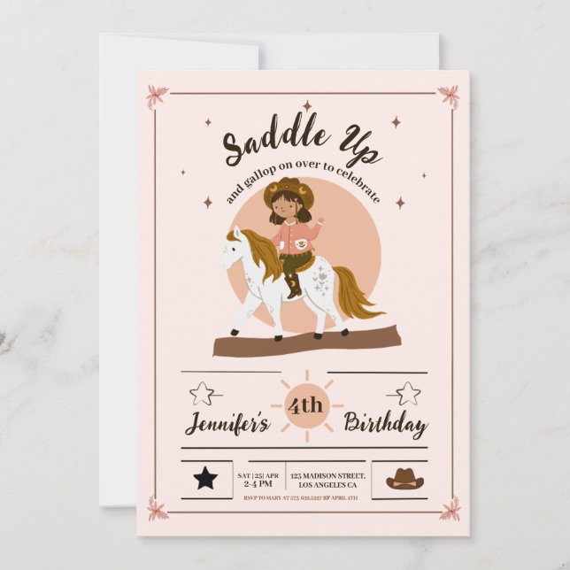 Rustic Cowgirl Saddle Up 4th Birthday Invitation (Front)