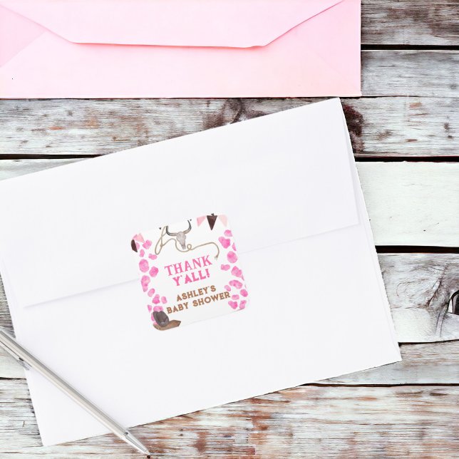 Rustic cowgirl western pink cow baby shower square sticker (Rustic cowgirl western pink cow baby shower square sticker)