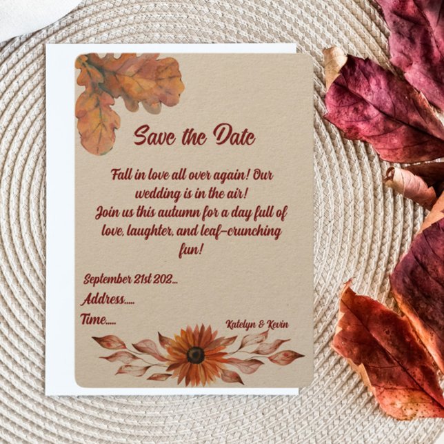 Rustic&Cozy Autumn Wedding Flat Save The Date Card (Creator Uploaded)