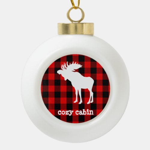 Rustic Cozy Cabin Buffalo Plaid Moose Ceramic Ball Christmas Ornament