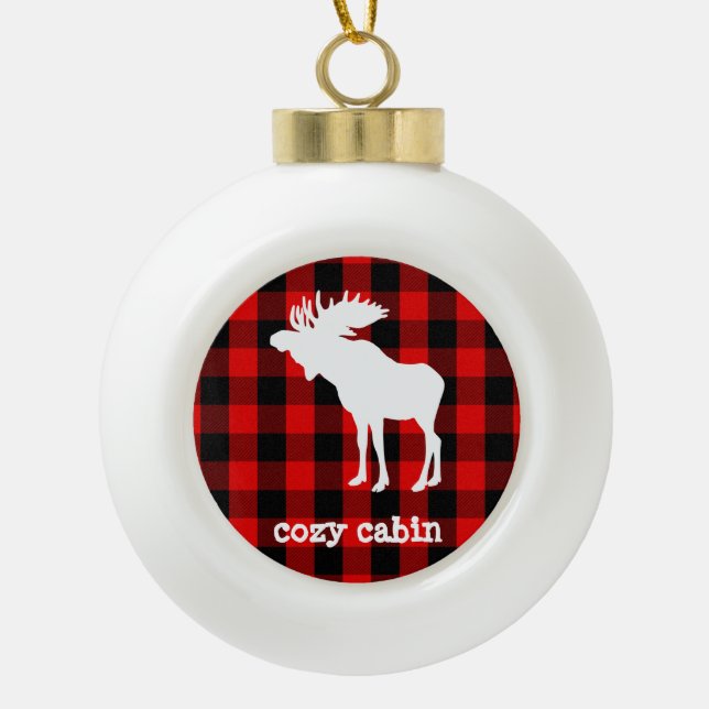 Rustic Cozy Cabin Buffalo Plaid Moose Ceramic Ball Christmas Ornament (Front)
