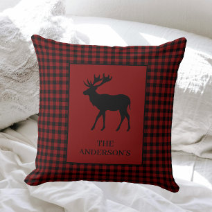 Rustic Cozy Cabin Red Plaid Moose Throw Pillow