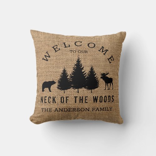 Rustic Cozy Cabin Welcome Family Name Throw Pillow