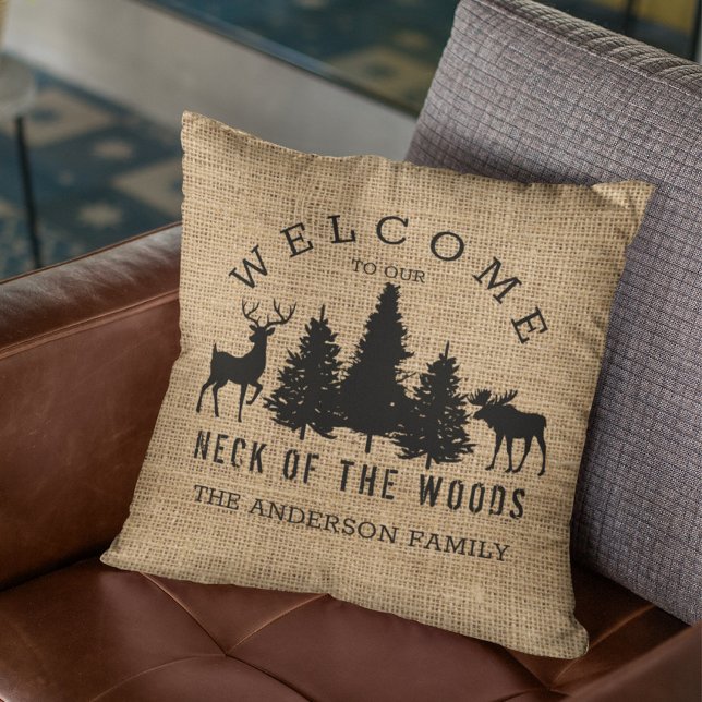 Rustic Cozy Cabin Welcome Family Name Throw Pillow (Creator Uploaded)