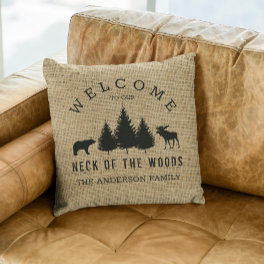 Rustic Cozy Cabin Welcome Family Name Throw Pillow