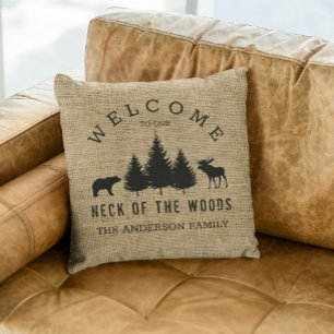 Rustic Cozy Cabin Welcome Family Name Throw Pillow