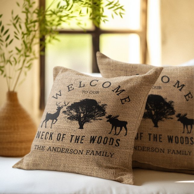 Rustic Cozy Cabin Welcome Family Name Throw Pillow (Creator Uploaded)