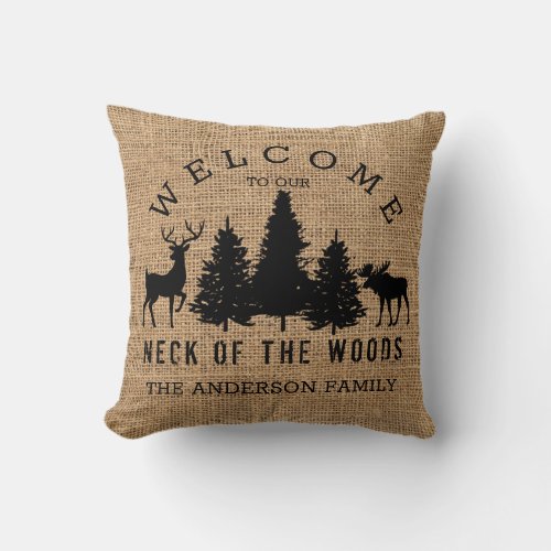 Rustic Cozy Cabin Welcome Family Name Throw Pillow